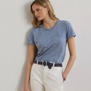 69$ Lauren Ralph Lauren Striped Cotton Slub Jersey Pocket Tee Top Size XS Blue